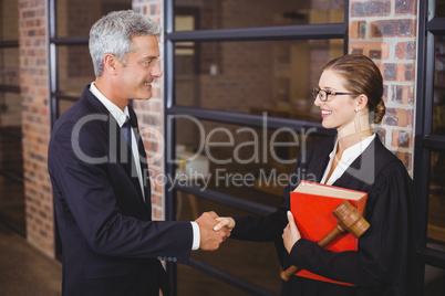 Male and female lawyers handshaking in office
