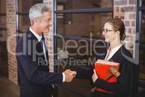 Male and female lawyers handshaking in office