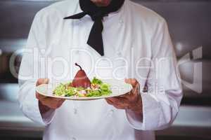 Chef holding and showing a dish with salad
