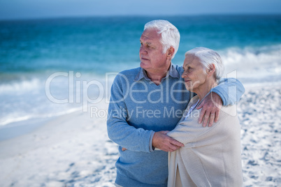 Senior couple embracing and looking the sea