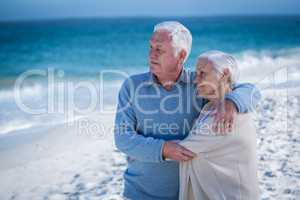Senior couple embracing and looking the sea