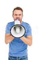 Young man shouting on horn loudspeaker