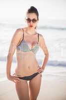 Portrait of glamorous woman in bikini standing on the beach