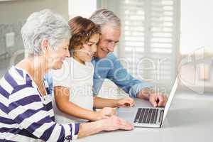 Happy girl with grandparents using laptop