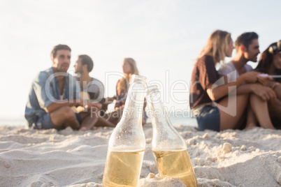 Smiling friends sitting on sand