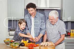 Family preparing food in kitchen