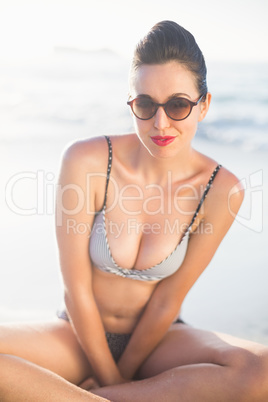 Glamorous woman in bikini sitting on the beach