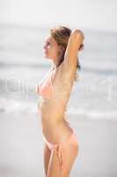 Pretty woman in bikini standing on the beach