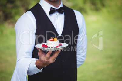 Handsome waiter holding a plate