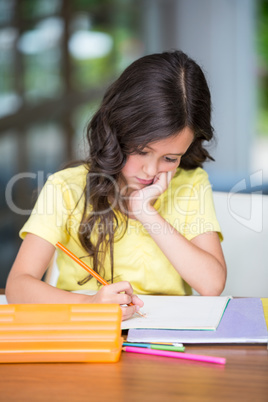 Concentrated girl studying while sitting at desk