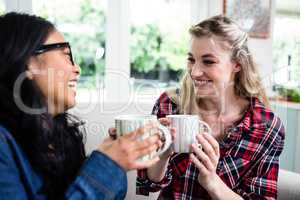 Cheerful female friends drinking coffee at home