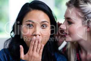 Young woman whispering to surprised female friend