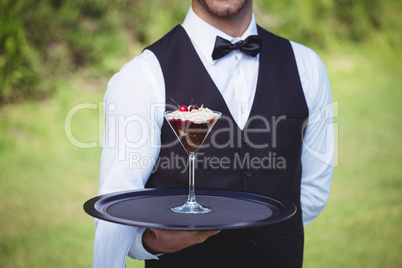 Handsome waiter holding a tray with a desert