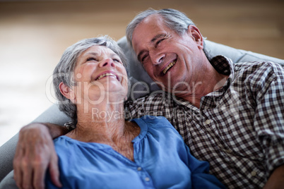 Happy senior couple relaxing on sofa and smiling