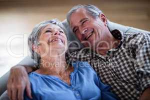 Happy senior couple relaxing on sofa and smiling