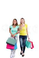 Cheerful female friends holding shopping bags