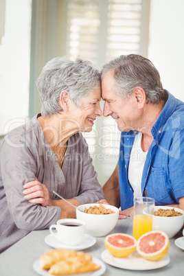 Romantic senior couple sitting at table