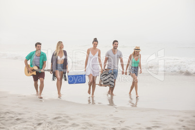 Group of friends walking on the beach