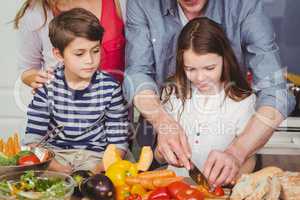 Father cutting vegetable with wife and children