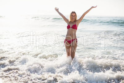 Excited woman in bikini standing on the beach