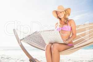 Woman using her laptop in hammock