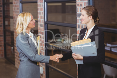 Smiling businesswomen handshaking