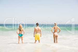 Rear view of young friends standing on the beach