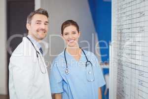 Portrait of cheerful doctors standing by chart on wall