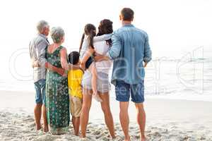 Rear view of a happy family posing at the beach