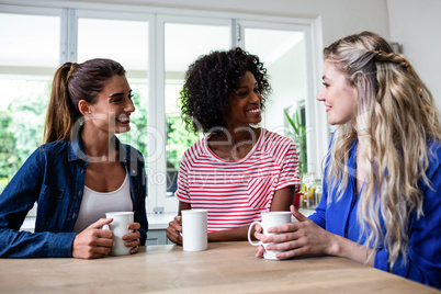 Female friends with coffee mug sitting at table