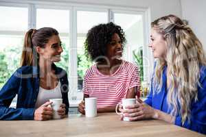 Female friends with coffee mug sitting at table