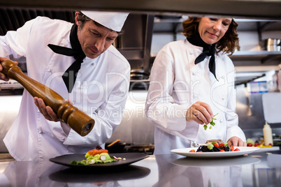 Two chefs garnishing meal on counter