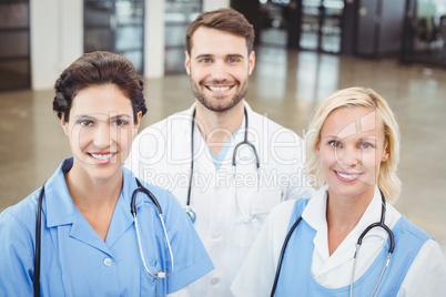 High angle portrait of smiling doctors and nurse