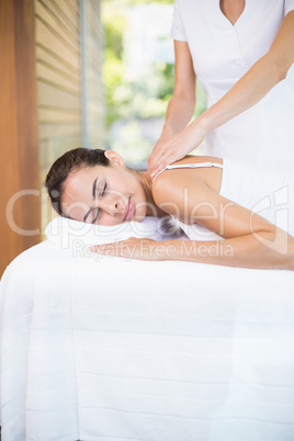 Masseur massaging beautiful woman at health spa