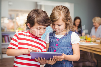 Brother and sister using digital tablet