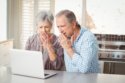 Shocked senior couple looking at laptop