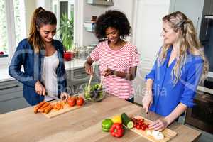 Cheerful young female friends preparing food