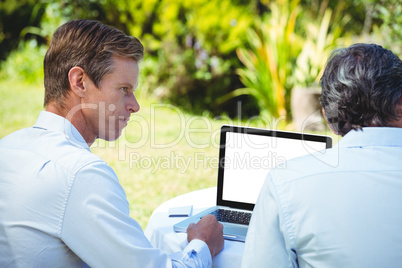 Two businessmen meeting in a restaurant using laptop