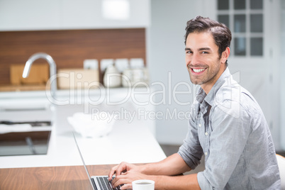 Portrait of smiling young man working on laptop