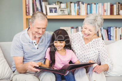 Grandparents showing album to granddaughter at home