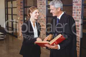 Male lawyer discussing over book with female colleague