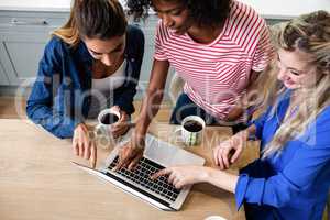 Young female friends using laptop while drinking coffee