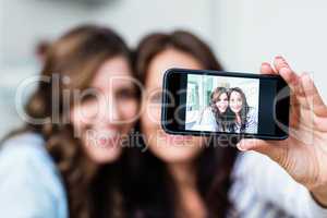 Smiling female friends photographing with smartphone