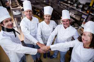 Portrait of chefs team putting hands together and cheering