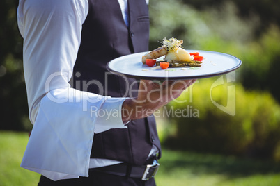 Handsome waiter holding a plate