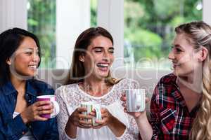 Cheerful female friends with coffee cup at home