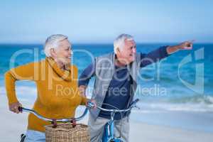 Senior couple with bikes pointing