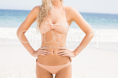 Mid section of woman in bikini standing on the beach Mid section of woman in bikini standing on the beach