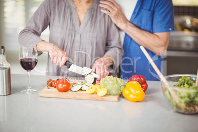 Midsection of senior man standing with woman cutting salad