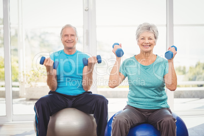 Portrait of smiling senior couple holding dumbbells